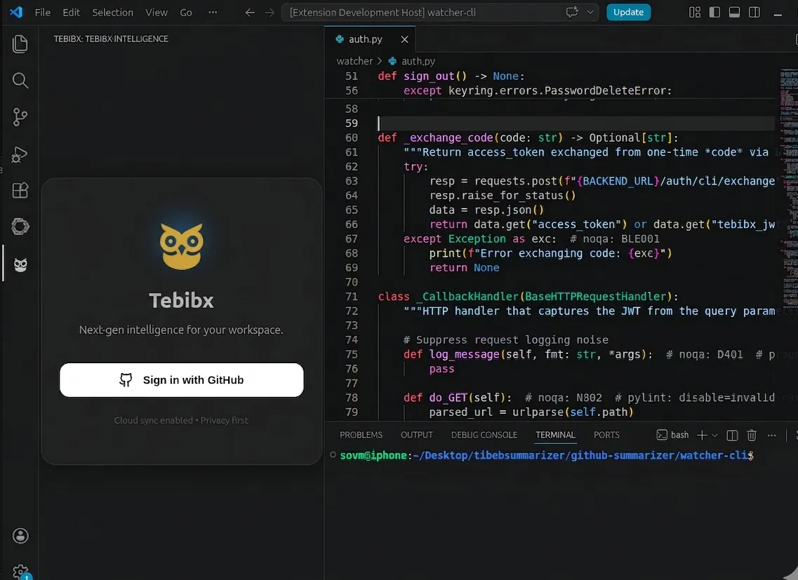 TEBIBX VS Code Extension showing inline AI code intelligence inside the editor
